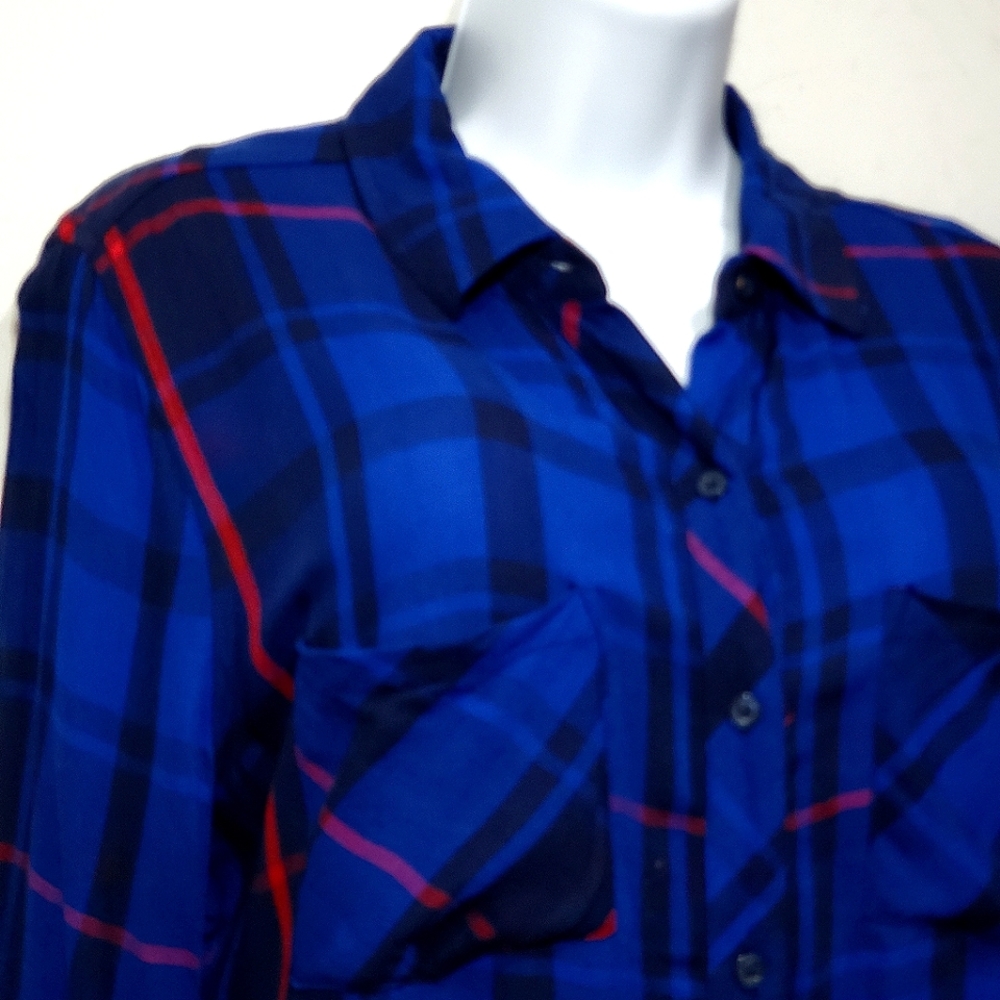 a.n.a Blue Plaid Adjustable Sleeve Button Down Top Shirt Light Weight Size M EUC